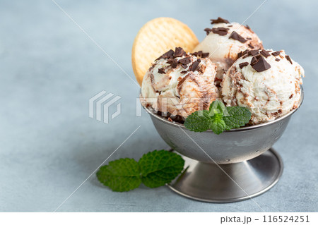 Chocolate and vanilla ice cream close-up. 116524251