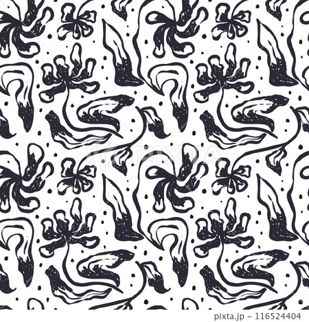 Monochrome black and white brush strokes inky flowers seamless pattern 116524404
