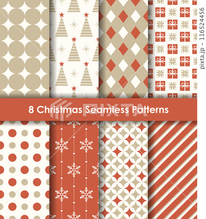 赤、白、ベージュのクリスマス向けシームレスパターンのセット 116524456