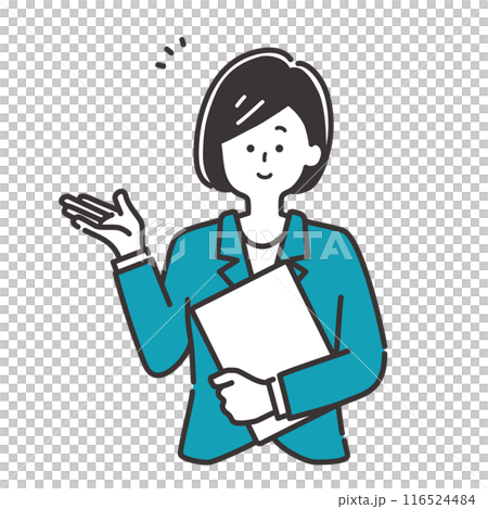 Illustration material of a business person (woman in a suit) holding a document to guide and explain 116524484