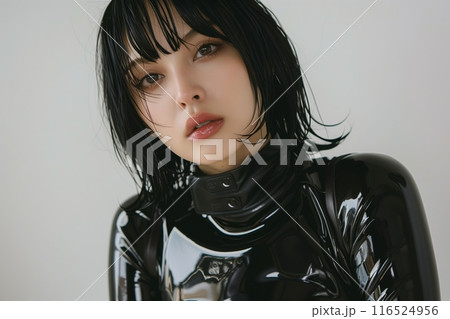 a Japanese model wearing latex posing in front of a white background 116524956