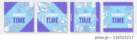 Set of summer beach square card, vector minimalist design with bright monochrome seasonal elements, geometric shapes, wavy lines. For postcard, social media, poster, banner, post, invitation 116525217