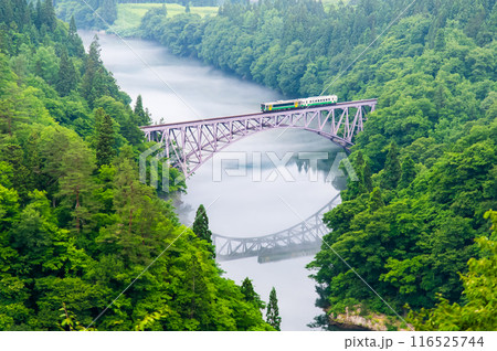 福島 只見線　川霧の第一只見川橋梁を渡る列車 116525744