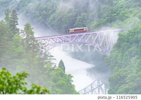 福島 只見線　濃霧の第一只見川橋梁を渡る列車 116525905