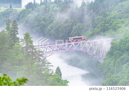 福島 只見線　濃霧の第一只見川橋梁を渡る列車 116525906