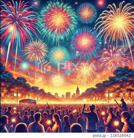 花火大会、群衆、打ち上げ花火を見る 116526042