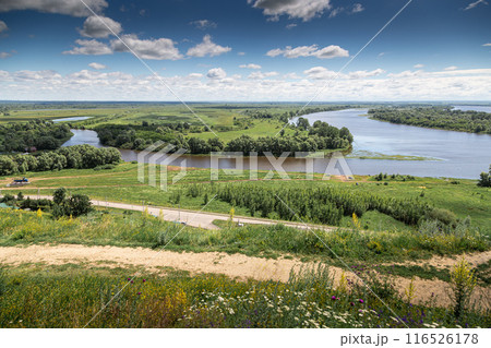 The tower of an ancient Bulgarian fortress on a high cliff on the banks of the Kama River, Elabuga, Tatarstan, Russian Federation 116526178