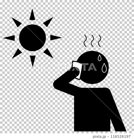 Pictogram of a person sweating in extreme heat 116526197