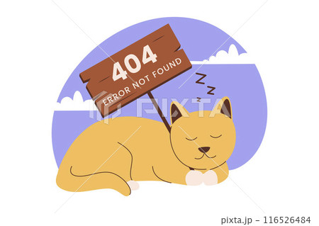 Flat design of cat sleeping with 404 error page not found 116526484