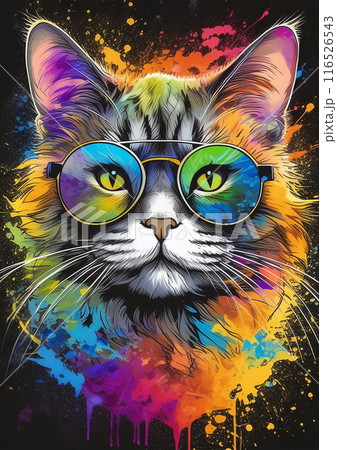 カラフルな色味でサングラスをかけた猫のイラスト　AI画像 116526543