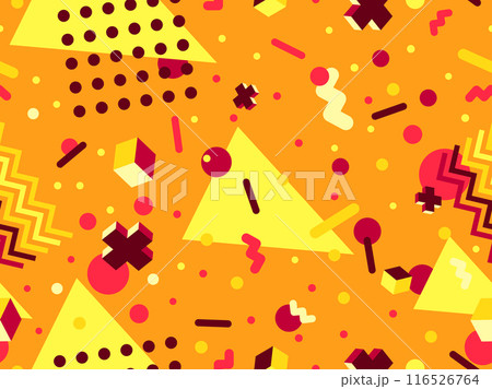 Geometric seamless pattern in 80s style. Colorful geometric pattern with isometric geometric 3D shapes. Design of promotional products, wrapping paper and printing. Vector illustration 116526764