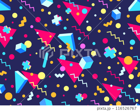 Geometric seamless pattern in 80s style. Colorful geometric pattern with isometric geometric 3D shapes. Design of promotional products, wrapping paper and printing. Vector illustration 116526767