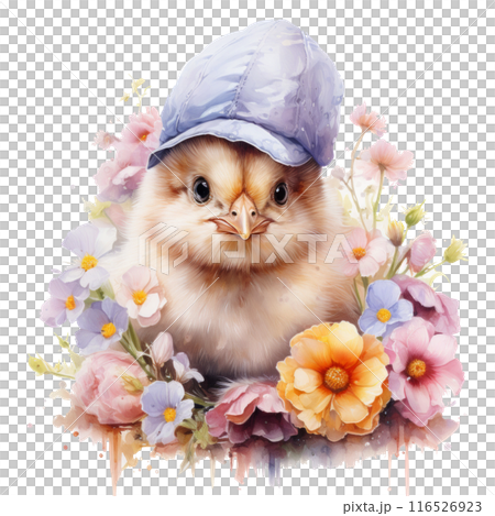 An endearing watercolor chick wearing a bonnet, nestled among spring blooms 116526923