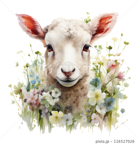 A sweet watercolor lamb surrounded by spring flowers, against a pristine white sheet 116527026