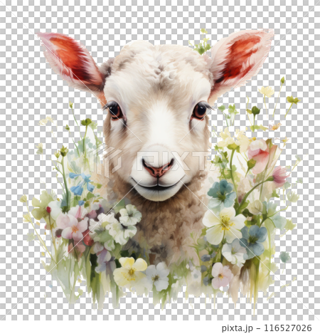 A sweet watercolor lamb surrounded by spring flowers, against a pristine white sheet 116527026