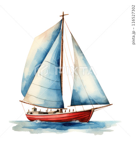 blue sailboat with a red sail image, 116527302
