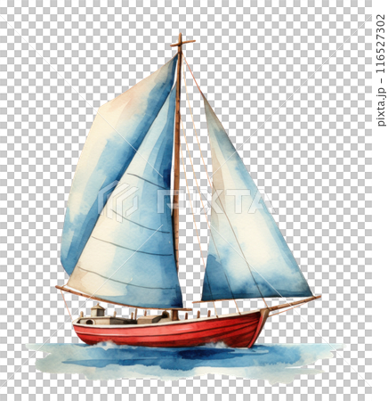 blue sailboat with a red sail image, 116527302