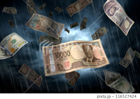 大空を舞い落ちる大量の日本の新紙幣 116527424