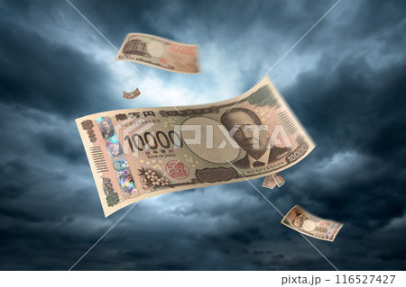 大空を舞い落ちる大量の日本の新紙幣 116527427