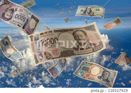 大空を舞い落ちる大量の日本の新紙幣 116527429
