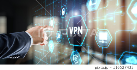 Businessman presses a button VPN. Network security internet privacy encryption concept Businessman presses a button VPN. Network security internet privacy encryption concept 116527433
