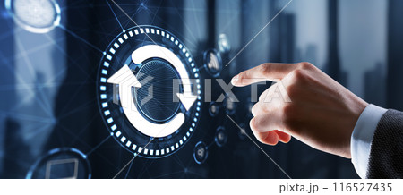 Businessman touching icon Update software application. Hardware upgrade technology concept Businessman touching icon Update software application. Hardware upgrade technology concept 116527435