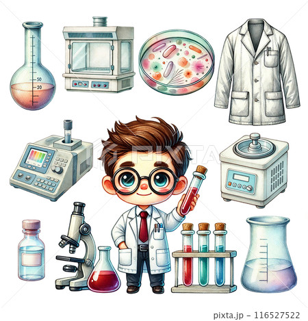 A cartoon scientist in a lab coat surrounded by laboratory equipment, including a microscope, beakers, and test tubes. 116527522