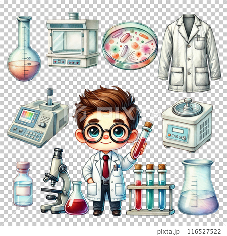 A cartoon scientist in a lab coat surrounded by laboratory equipment, including a microscope, beakers, and test tubes. 116527522