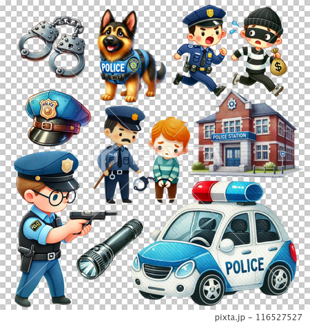 Cartoon illustration of police officers, a police car, a police dog, handcuffs and a thief. 116527527