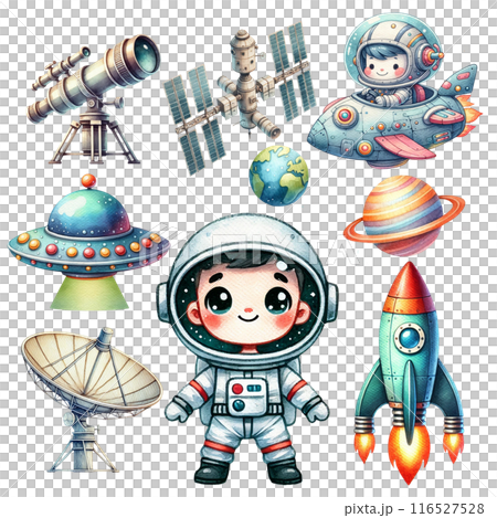 Cute cartoon astronaut surrounded by space objects, including a spaceship, telescope, satellite dish, and rocket. 116527528
