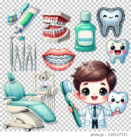 Cute cartoon dentist with dental tools, toothbrush, toothpaste, mouthwash, and braces. Smiling teeth and a dental chair. Cute cartoon dentist with dental tools, toothbrush, toothpaste, mouthwash, and braces. Smiling teeth and a dental chair. 116527531