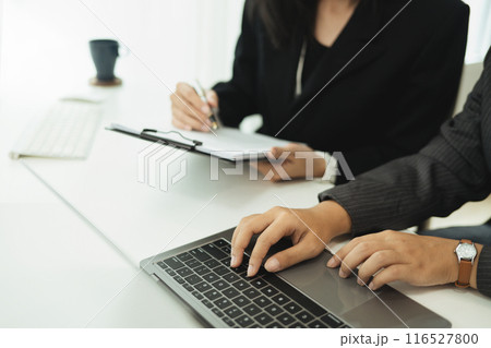 Businesswomen sharing new ideas and working on marketing projects at modern office. 116527800