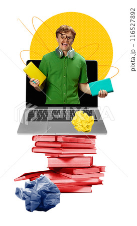 Poster. Contemporary art collage. Annoyed man, student holding copybooks, emerging from laptop which standing on stack of red books. 116527892