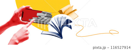 Banner. Contemporary art collage. Hand tap on screen of smartphone on stack of books against abstract background with lines. Banner. Contemporary art collage. Hand tap on screen of smartphone on stack of books against abstract background with lines. 116527914