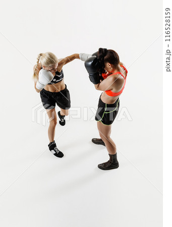 Overhead shot of two women engaging in competitive boxing session, athletic young women in motion isolated on white background 116528159