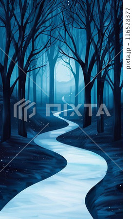 Spooky forest path, fog rolling in, eerie silence, Watercolor style 116528377
