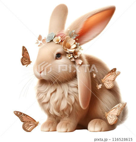 3D brown rabbit with flowers  3D brown rabbit with flowers  116528615