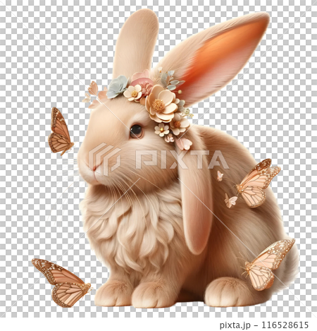 3D brown rabbit with flowers  3D brown rabbit with flowers  116528615