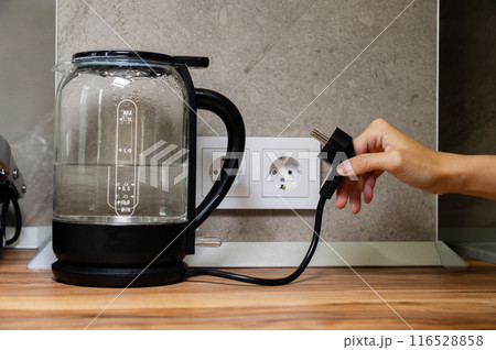 Woman connecting an electric kettle to a socket indoors, close-up 116528858
