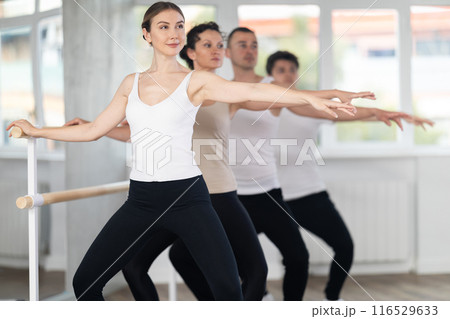 Group of dancers doing plie at barre Group of dancers doing plie at barre 116529633