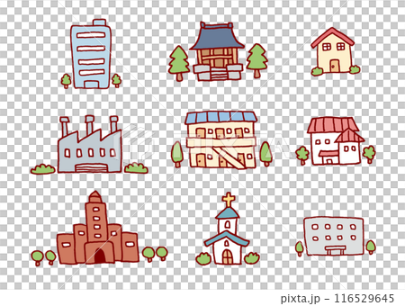 Hand-drawn illustrations of cute buildings Hand-drawn illustrations of cute buildings 116529645