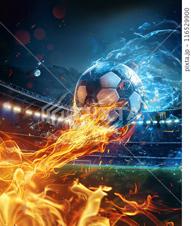 a soccer ball on green field with blur stadium at background 116529900