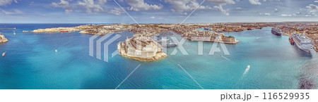 Drone panorama over the cruise port of the Maltese city of Valetta 116529935