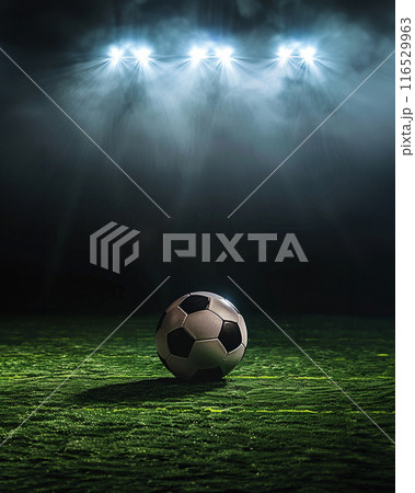 a soccer ball on green field with blur stadium at background 116529963