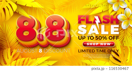 8 August Summer Shopping Day Flash Sale Design with 3d 8.8 Number and Tropical Palm Leaves on Yellow Background. Vector Special Offer Campaign Discount Illustration for Coupon, Voucher, Banner, Flyer 116530467