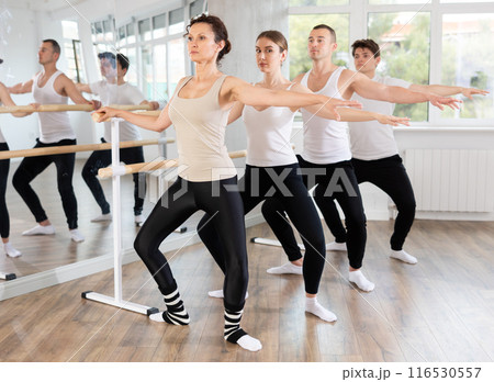 Group of dancers doing plie at barre 116530557