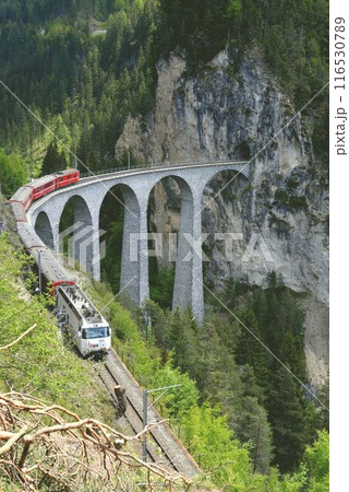 絶景ラントヴァッサー橋と真っ白い電気機関車が周りの木々に目立ちます 絶景ラントヴァッサー橋と真っ白い電気機関車が周りの木々に目立ちます 116530789