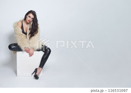 Glamorous sensual brunette woman with long hair wearing black leather pants, high heels Glamorous sensual brunette woman with long hair wearing black leather pants, high heels 116531097