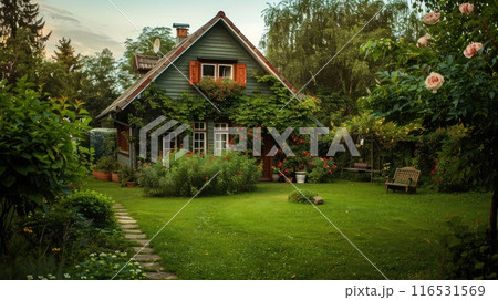 house exterior with beautiful peaceful cute small backyard garden green area. 116531569