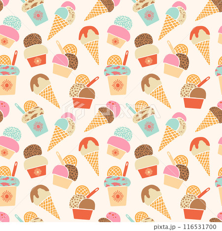 Retro Ice-cream vector seamless pattern. Hand drawn various colorful textured summer frozen desserts on cream off-white background. Cute gelato in waffle cones and cups. Modern sweet food repeat tile Retro Ice-cream vector seamless pattern. Hand drawn various colorful textured summer frozen desserts on cream off-white background. Cute gelato in waffle cones and cups. Modern sweet food repeat tile 116531700